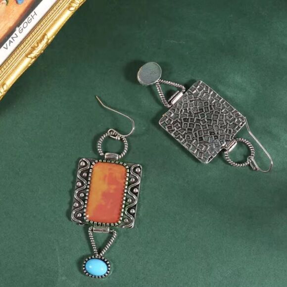 ✨🆕✨Boho Silver Plated Burnt Orange Turquoise Decor Stones  Drop Earrings 🔅✨ - Picture 7 of 12